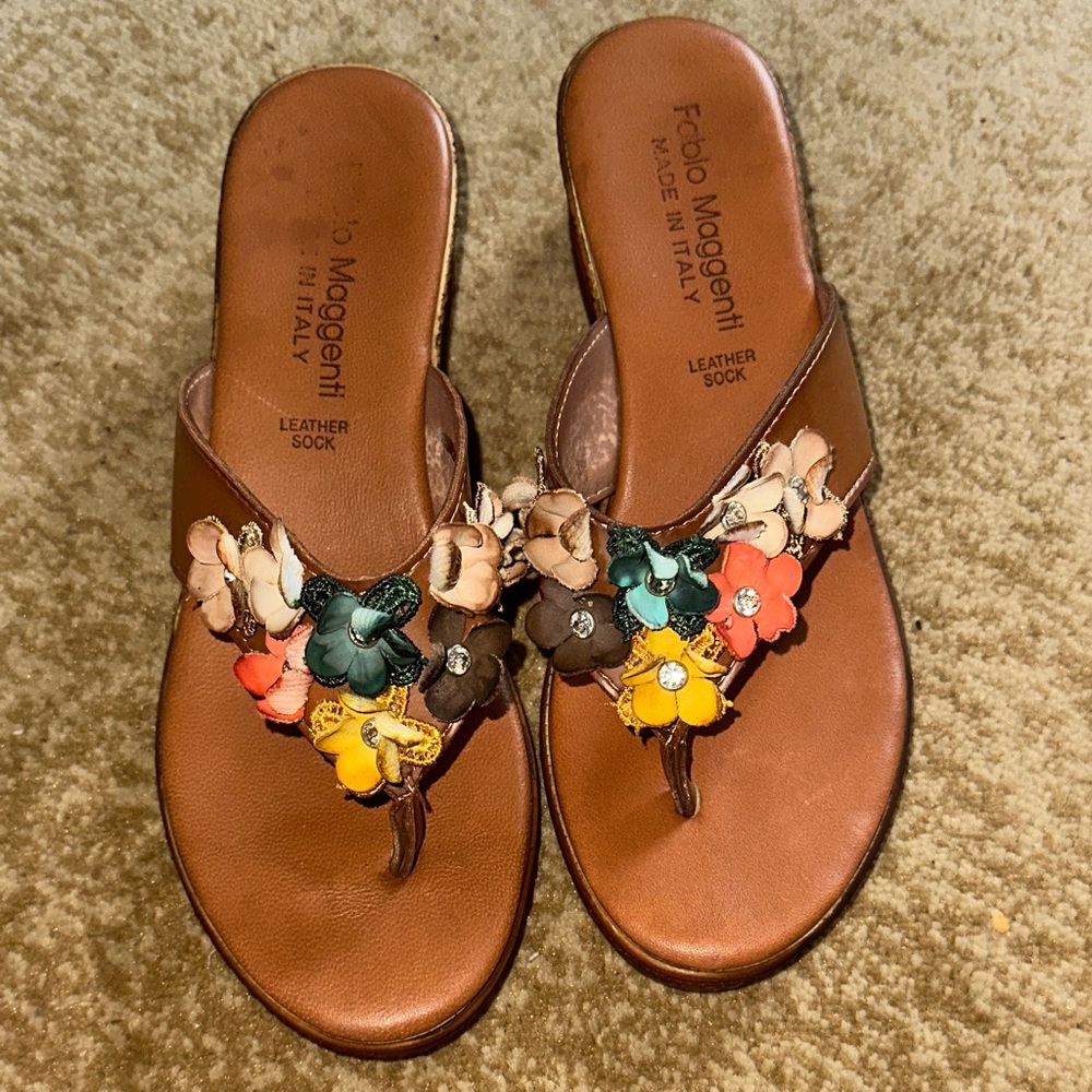 Fabio Maggenti leather brown multi color flower thong sandles